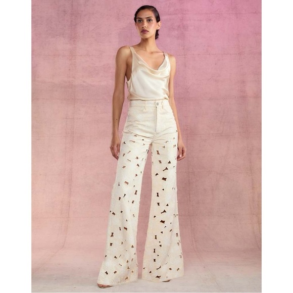 Cynthia Rowley Flora Cutout Jeans High Waist Wide Leg Cream Floral Lace Denim 26 - Picture 2 of 15